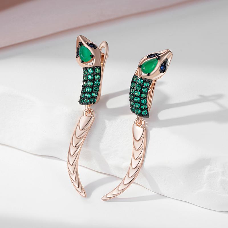 Modern Snake Tail Dangle Earrings Black & Rose Gold Color English Earrings Green Zircon Jewelry Edgy Women's Accessories