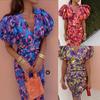Womens V-Neck Short Sleeve Bodycon Midi Dress With Animal Print Puffed Sleeves