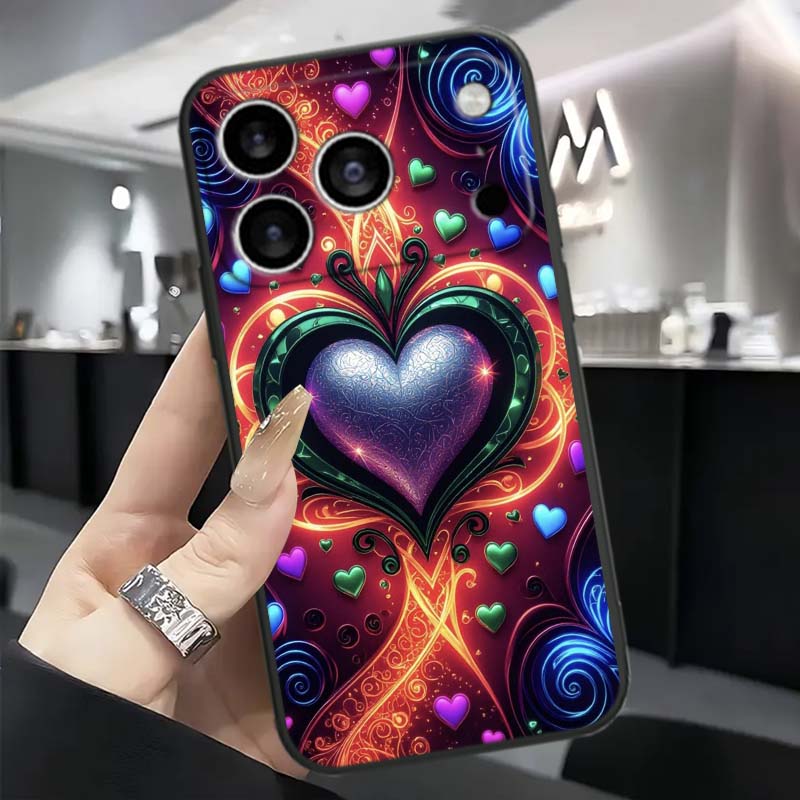 Luxurious Love Design Art Phone Case For Apple iPhone 17 16 16E 15 14 13 12 11 Pro Max Plus Black Soft Silicone