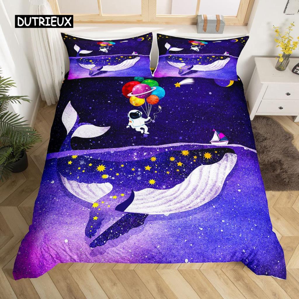 Σετ Πάπλωμα Φάλαινα Queen Size Αστρικά Αστέρια Σύμπαν Νεφέλωμα Κάλυμμα Πάπλωμα Μπλε Γαλαξίας Θέμα Ωκεανός Θαλάσσια Πλάσματα Σετ Κλινοσκεπασμάτων