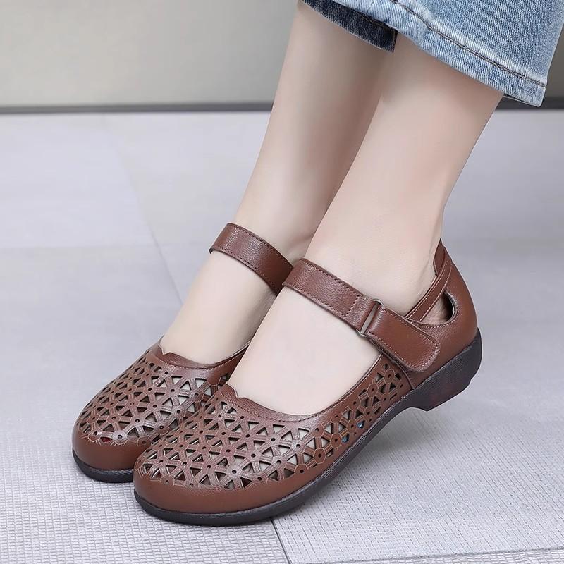 Fashion GKTINOO Genuine Leather Ladies Flats Summer Shoes Woman Plus Size Casual Loafers Hollow Round Toe Soft Comfort Sandals Female