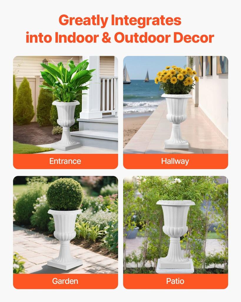 Plastic Urn Planters, 40 X 67 Cm, 2 Pack White Classic Flower Pots Front Porch Planters, Indoor & Outdoor Vase for Wedding, Party, Event, Home, Stage,