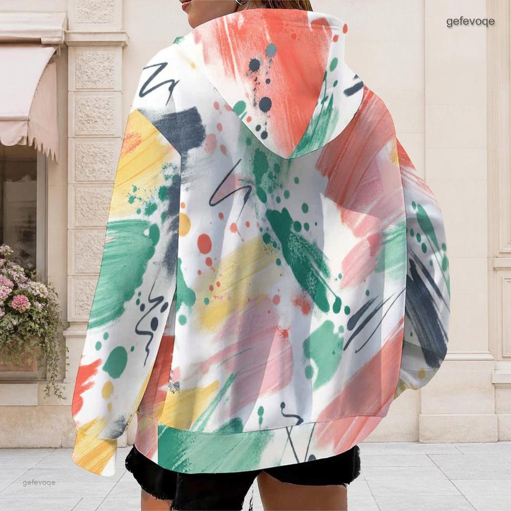 Women Plus Size Long Sleeve Drawstring Zip Up Geometric Printed Hoodie With Pockets