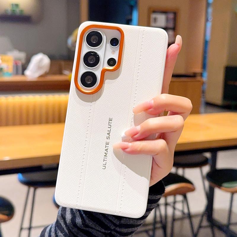 Luxury Cross Texture Leather Design Case For Samsung Galaxy S26 S25 Plus Edge Ultra Slim Orange Camera Ring Shockproof Cover