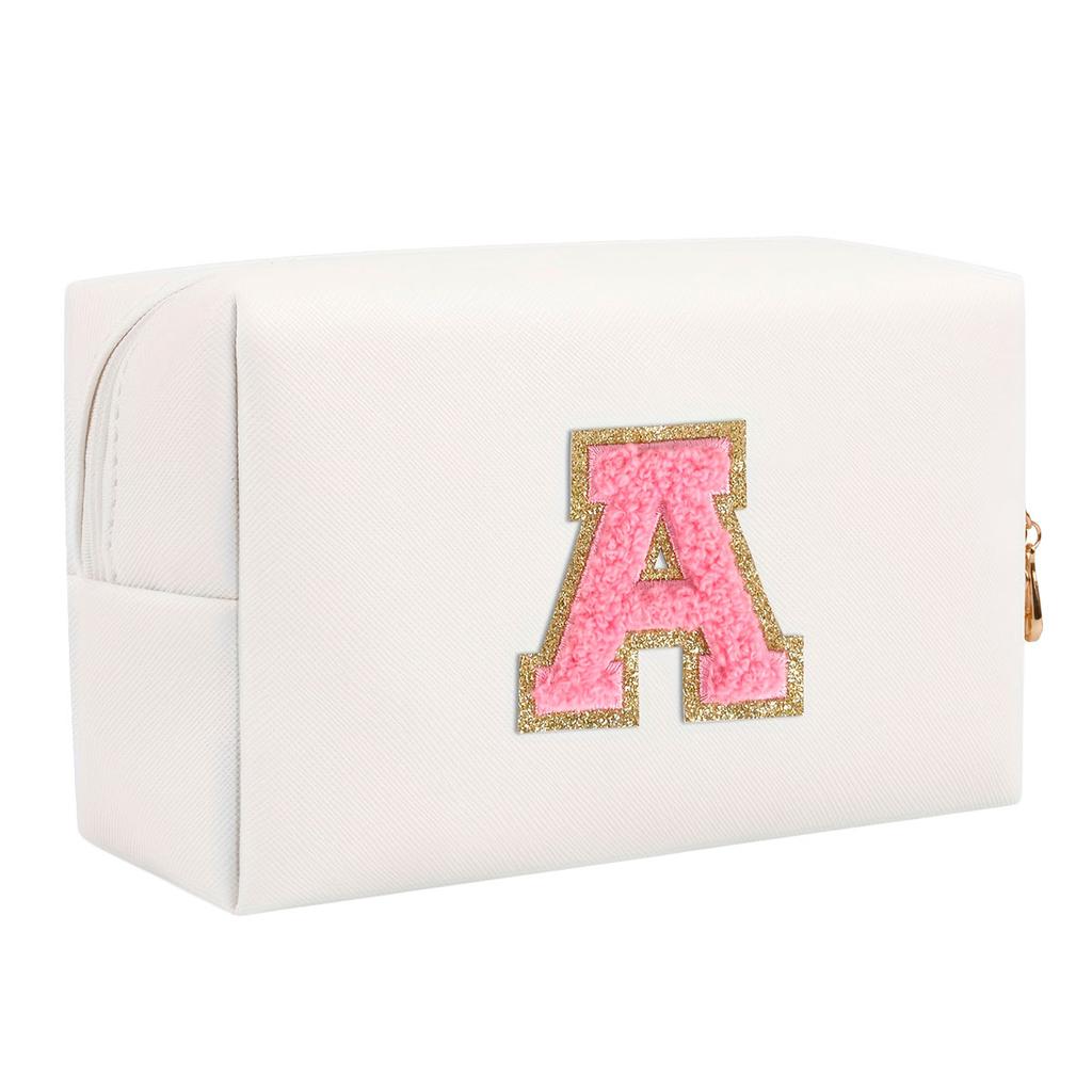 Premium Initial letter patch makeup bag Preppy portable zipper bag PU leather waterproof travel wash bagletter women's handbag-ll-LJX