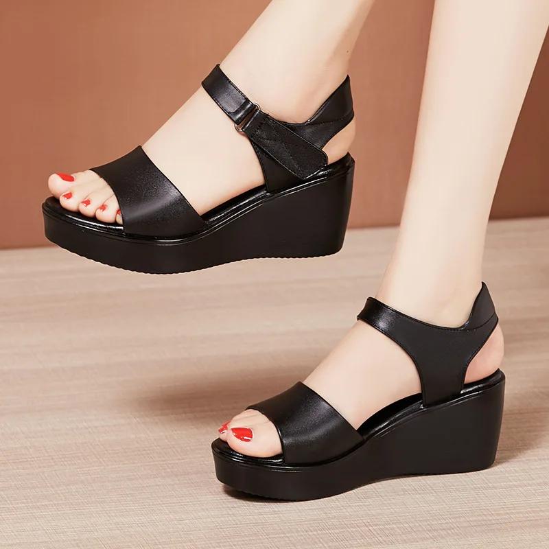 Small Size 32-43 Summer Platform Wedges Sandals Women 2025 Casual Soft Leather Shoes High Heels Sandals for Office Mom Beach