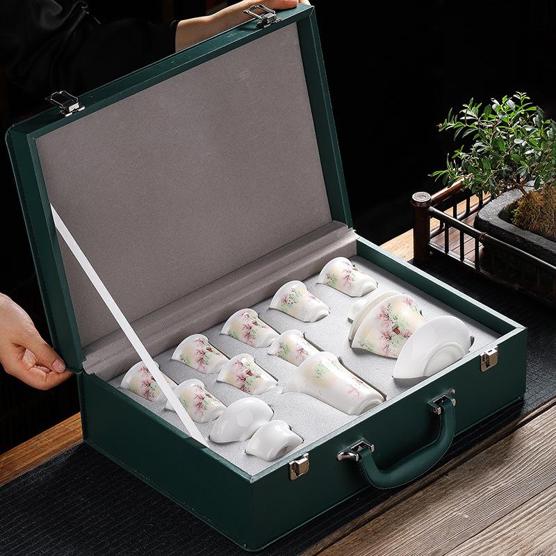 High-value set of ceramic ice suet jade porcelain kung fu tea set for home use, high-end business gifts