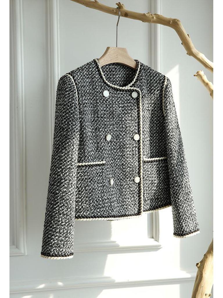 Elegant French Wool-Blend Tweed Double-Breasted Jacket for Women