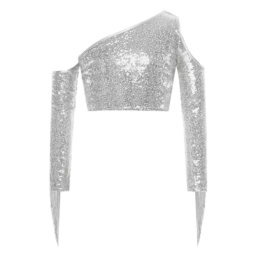 Mädchen Performance Top Ein Schulter Langarm Pailletten Quasten Detail Schönheitswettbewerb Bühne Wettbewerb Crop Top