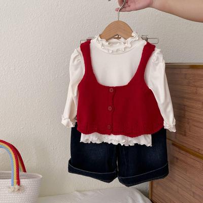 T-shirt à manches longues et col montant festonné pour filles avec ensemble gilet tricoté