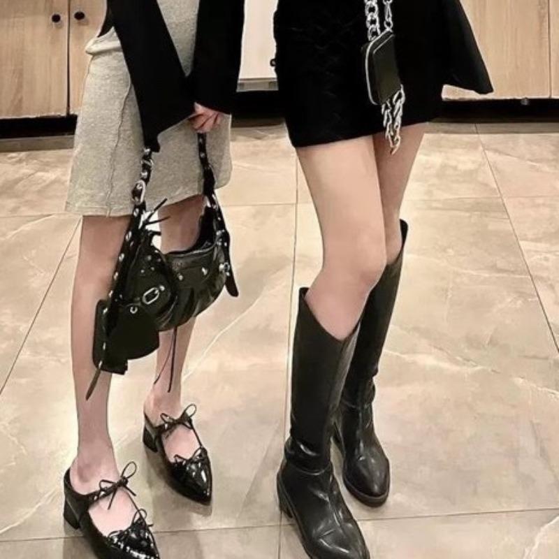 Fashion Bow Inside Heightened Baotou Cool Drag Women's Pointed Toe Shallow Mouth One Strap Mary Jane Square Heel Slippers