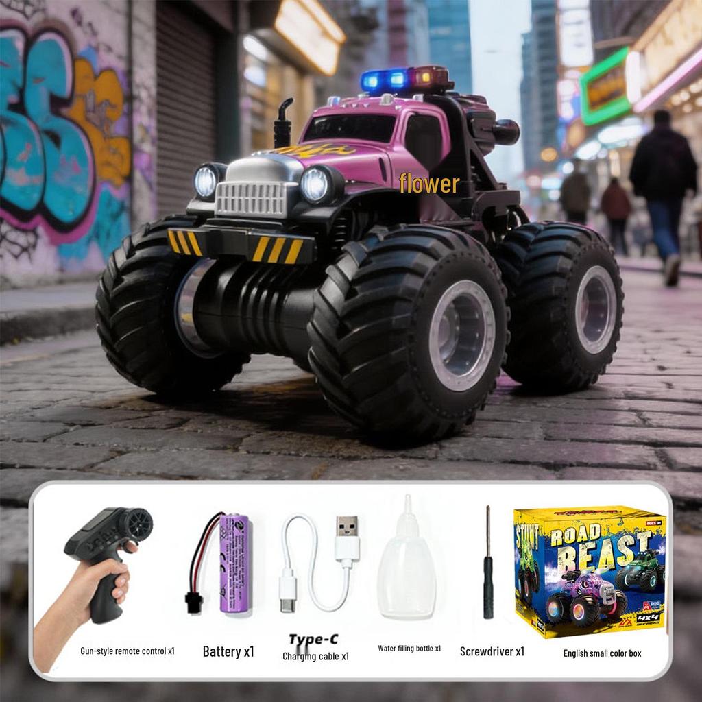Off-Road Remote Control Big Foot Stunt Car with Shock Absorbers and Spray Action - Children's Toy