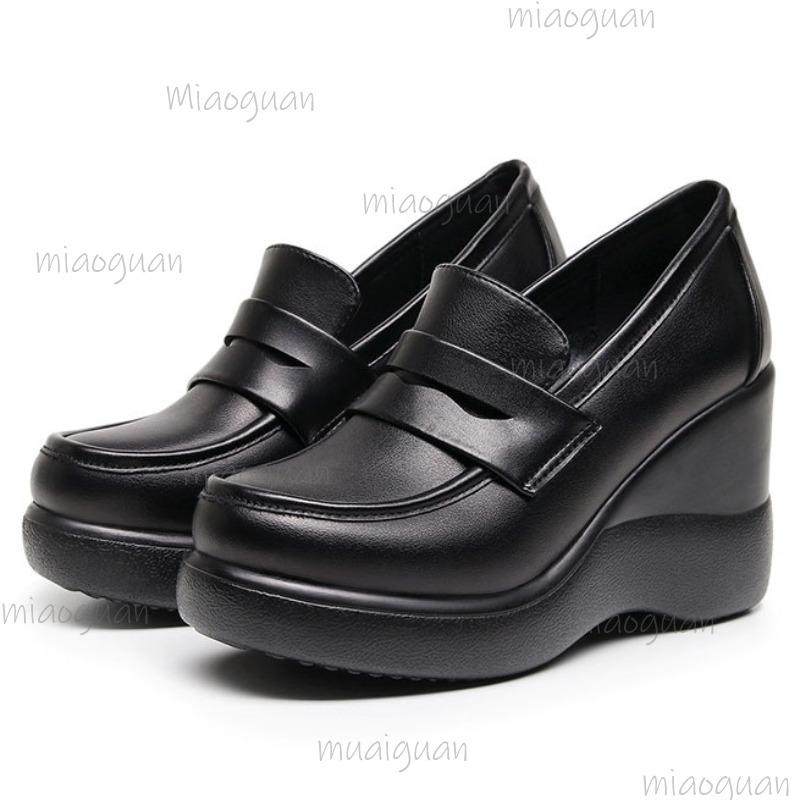 British Style Slip-on Women's Platform Shoes Wedges Office Ladies Fashion Loafers Thick-sole High Heel Pumps Black Size 34-43
