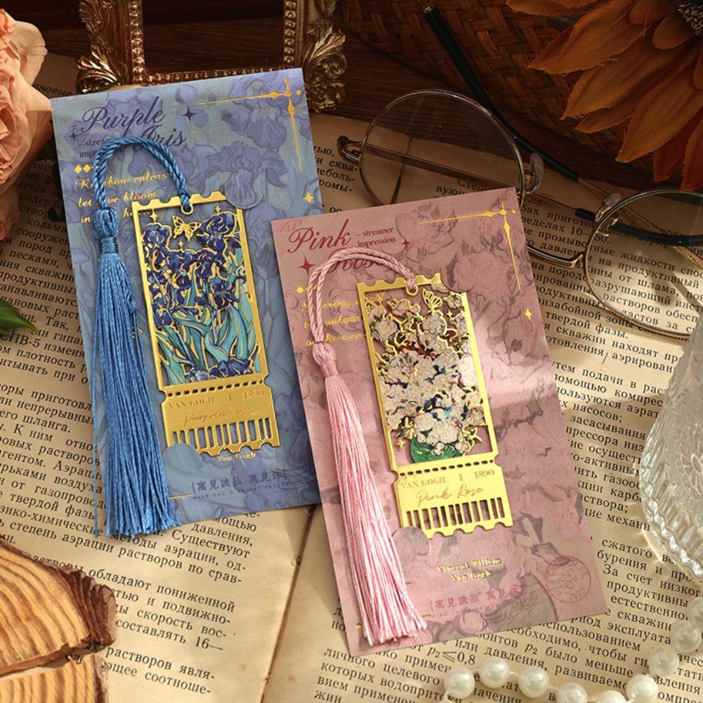 Retro Metal Metal Bookmark Oil Painting Style Famous Painting Floral Painting Bookmark Tassels Stationery Book Clip Teacher