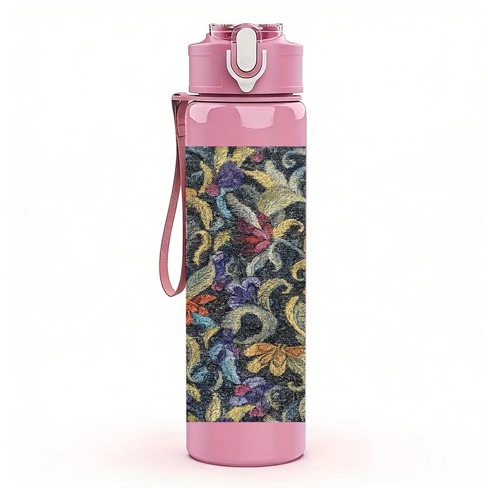 1PC Dark Mixed Floral Leaf Vintage Print 750ml Color Plastic Sports Water Bottle Leakproof Flip Straw Lid Suitable for Sports Office Home Use