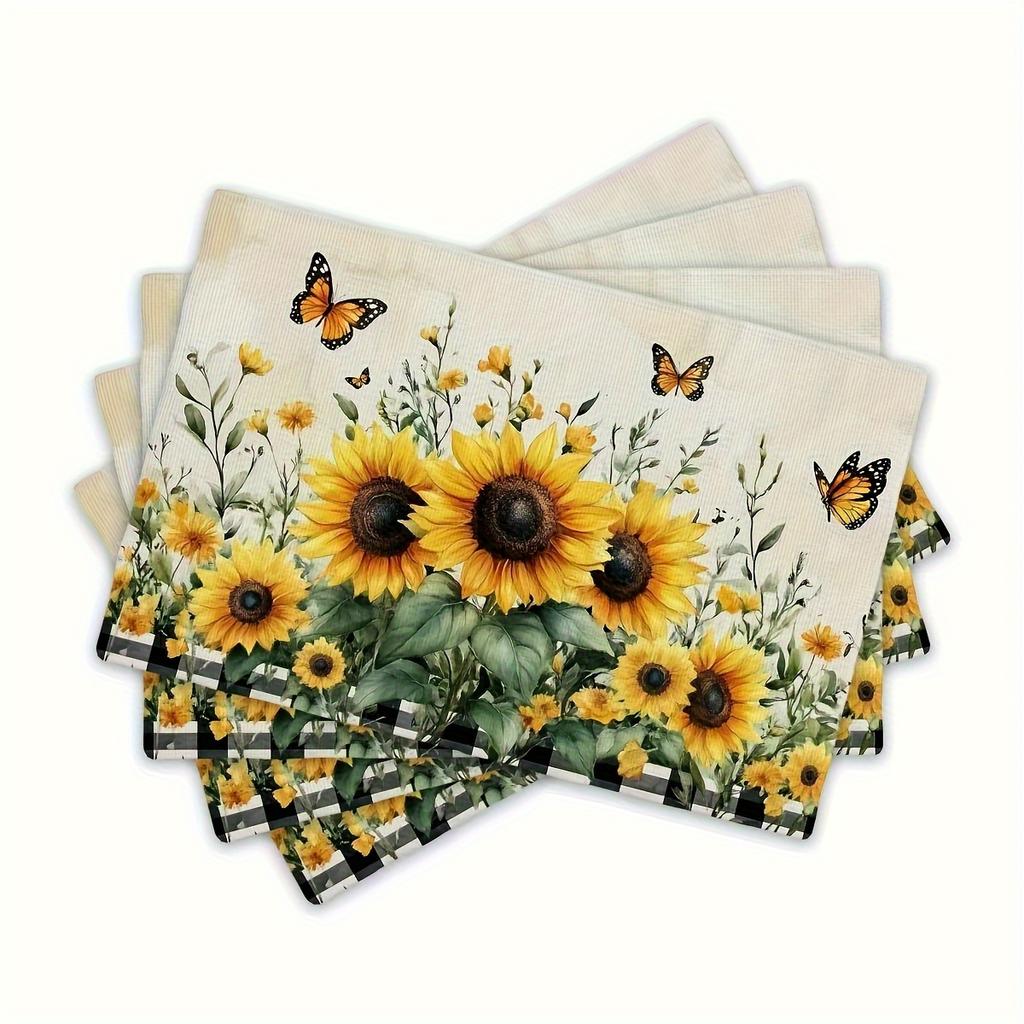 4pcs Rustic Style Sunflower and Butterfly Faux Linen Placemats, 12x18 Inches - Washable Kitchen & Party Table | Machine-Washable Dining Tablescape