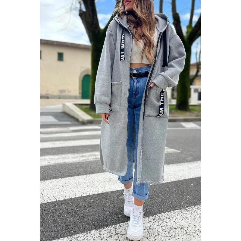 Women's Fashion Casual Solid Color Print Autumn Winter Long Sleeve Hooded Jackets & Coats