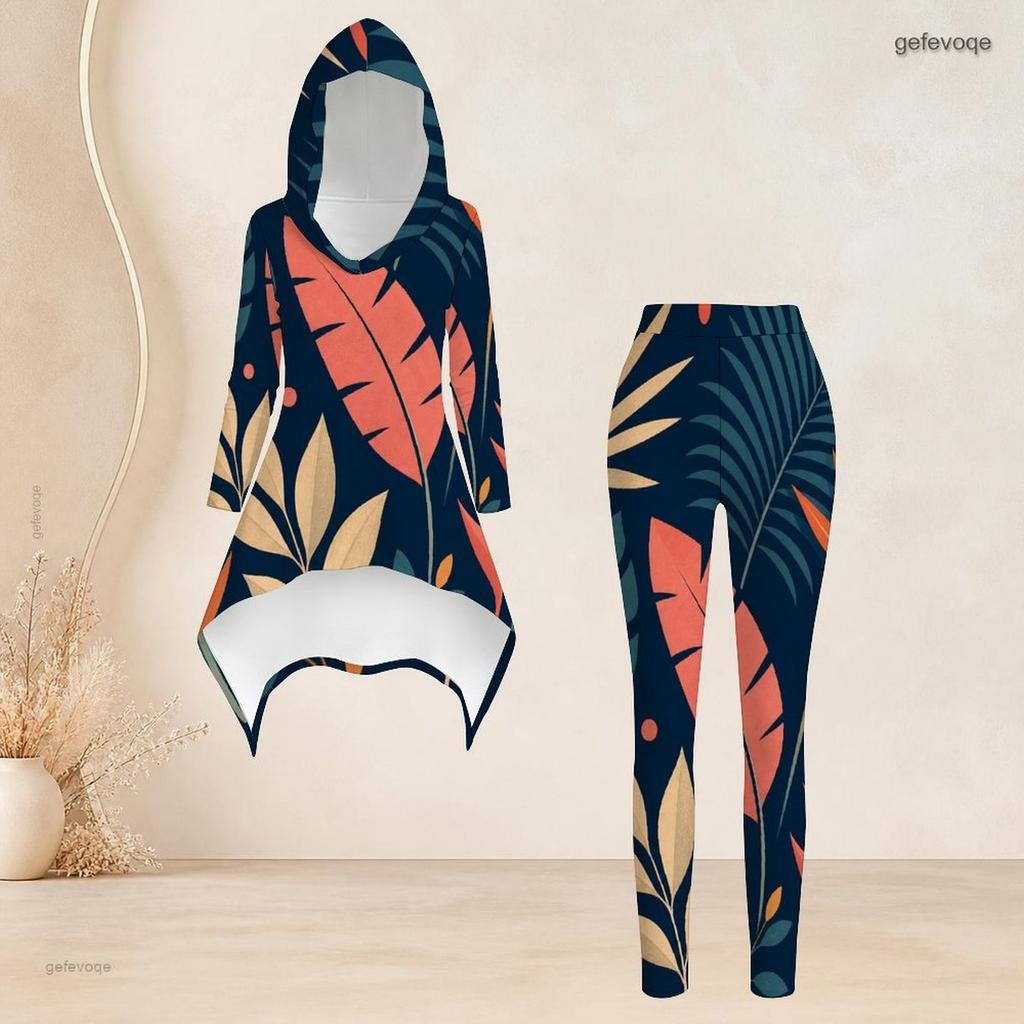 Women Plus Size Hooded Long Sleeve High Low Top Printed Fitted Pants Two Piece Set