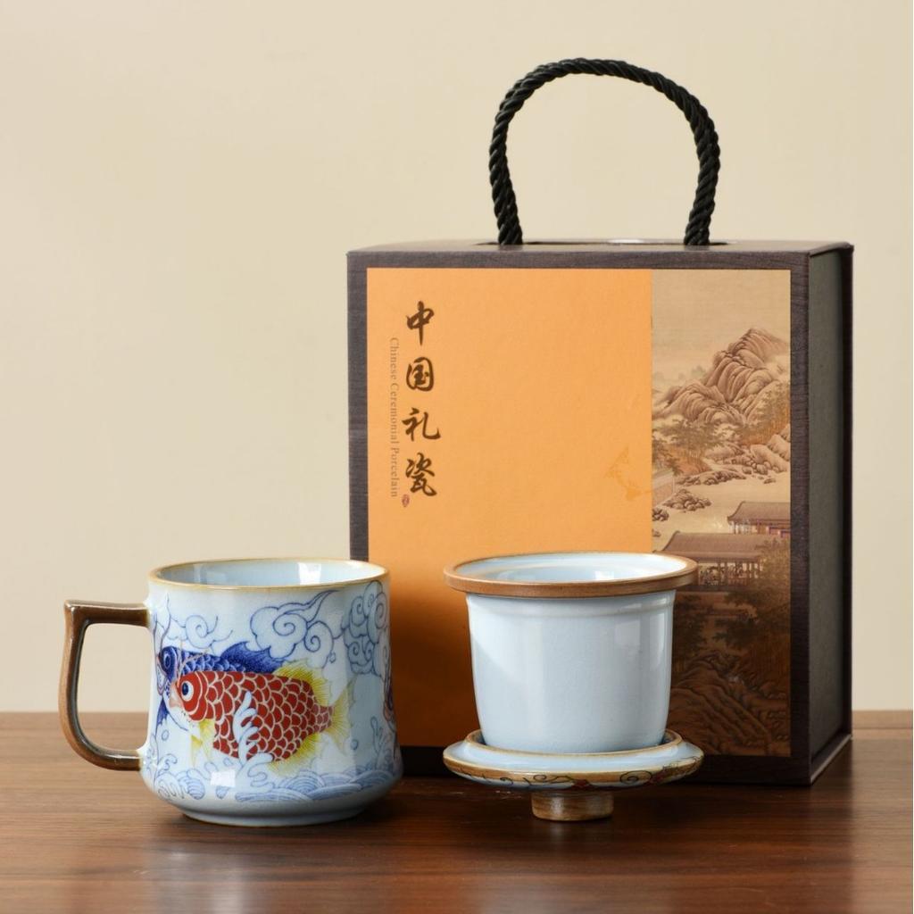Ru kiln mug gift box with lid tea separation water cup ceramic tea brewing office cup business meeting souvenir