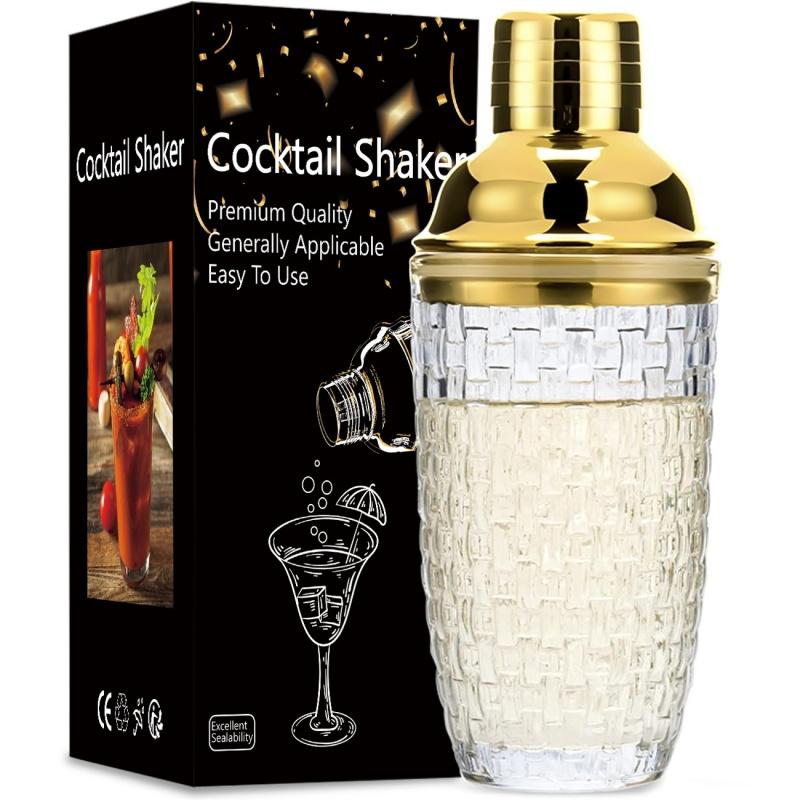 Shaker à cocktail simple en verre Couvercle en acier inoxydable Filtre Motif tressé/ananas Verre à mélange Shaker à cocktail Verre Outils de bar