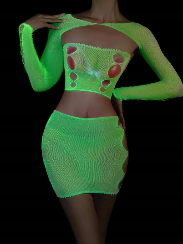 Bodystocking Glowing In The Dark Mesh Lingerie Set Attractive Ladies