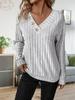 Autumn Winter Fashion V-Neck Loose Button T-Shirt  Women Long Sleeve Striped Ladies Comfortable Solid Color Pullovers