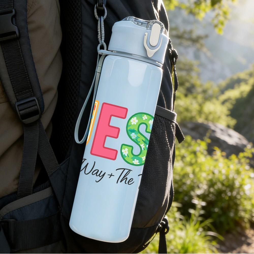 1PC Jesus Faith Three Words 750ml Color Plastic Sports Water Bottle Leakproof Flip Straw Lid Suitable for Sports Office Home Use