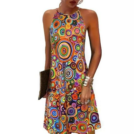 Bohemian Halter Neck Sleeveless A-line Dress with Colorful Spiral Print
