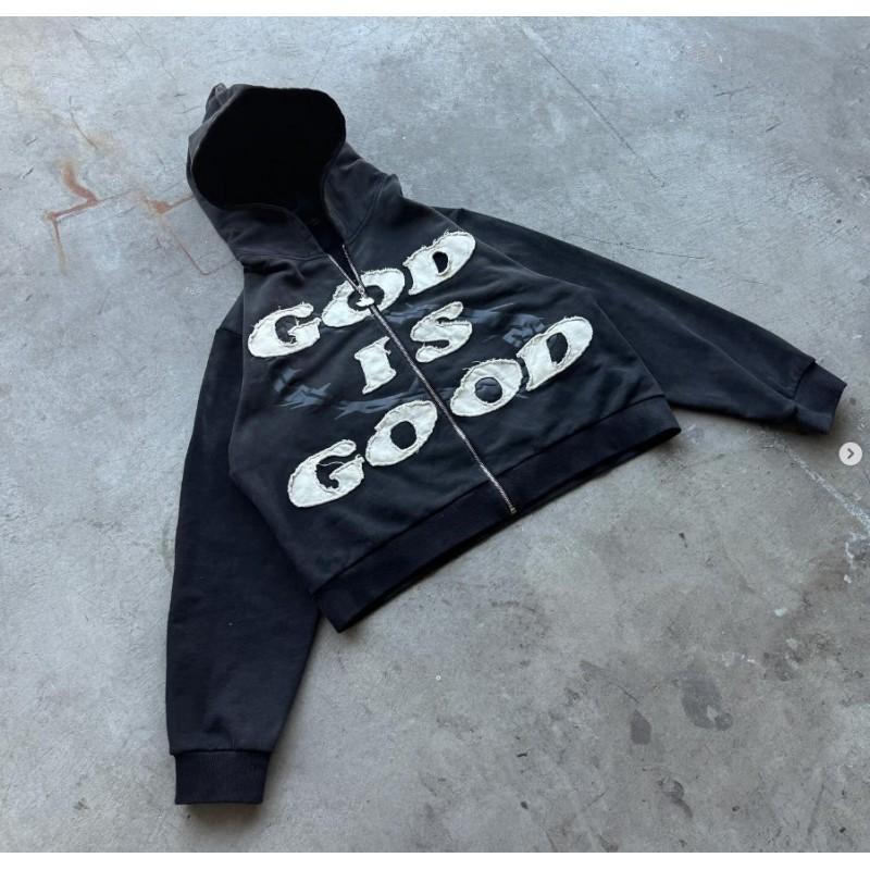 Unisex Oversized Hooded Zip-Up Sweatshirt With Embroidered Letter Patch Streetwear Casual Fall Top