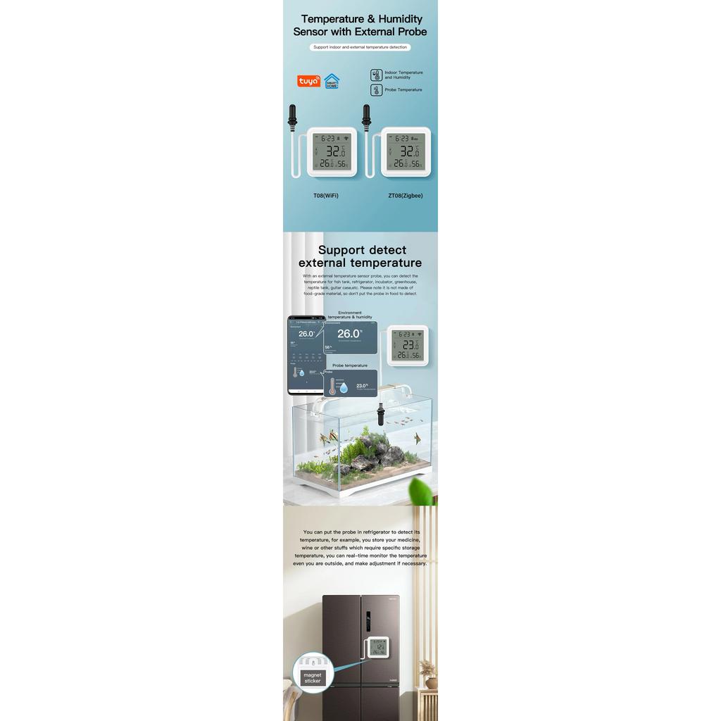 Tuya WiFi Zigbee Temperature Humidity Meter with External Probe Sensor Digital LCD Screen Thermometer for Fish Tank Freezer
