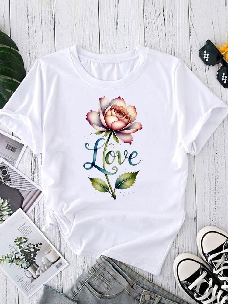 (Asian Size) flower sweet trend Women's Top T Clothing Print Short Sleeve T-shirts Fashion Female Casual O-neck Graphic Tee