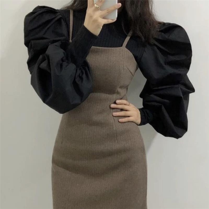 Round Neck Threaded Splicing Design with A Sense of Closure, Bubble Sleeves, Slim Fit Shirt Top for Women