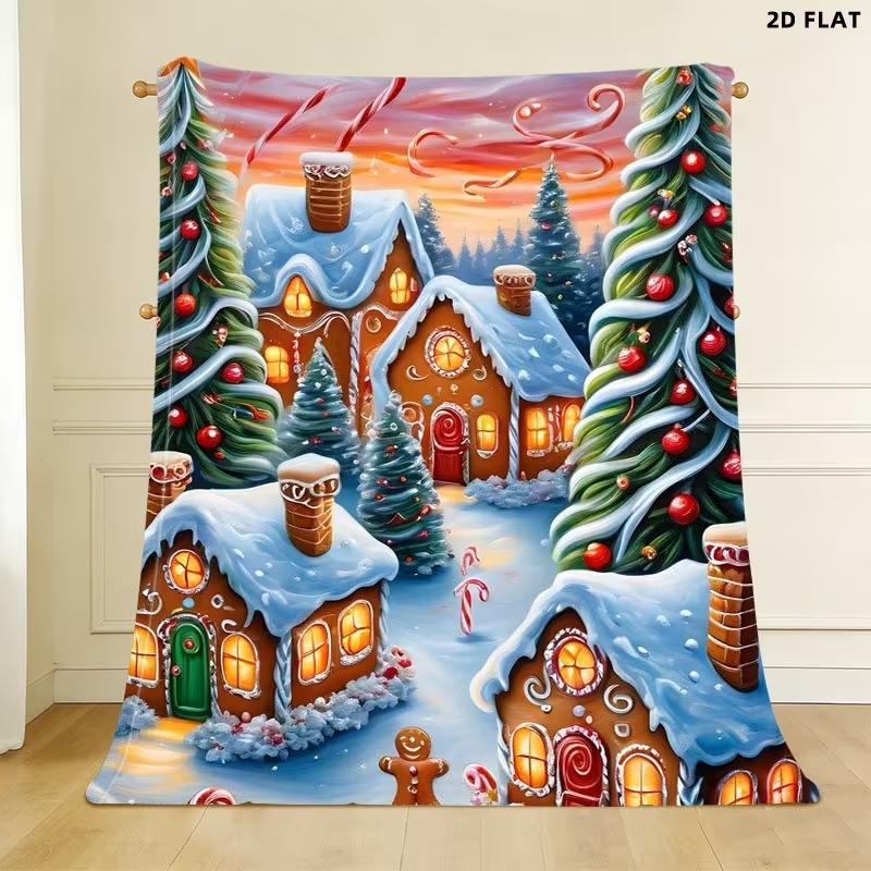 Gingerbread House Christmas Throw Blanket Winter Candy Village Print Soft Warm All Season Blanket for Sofa Couch Bed Holiday