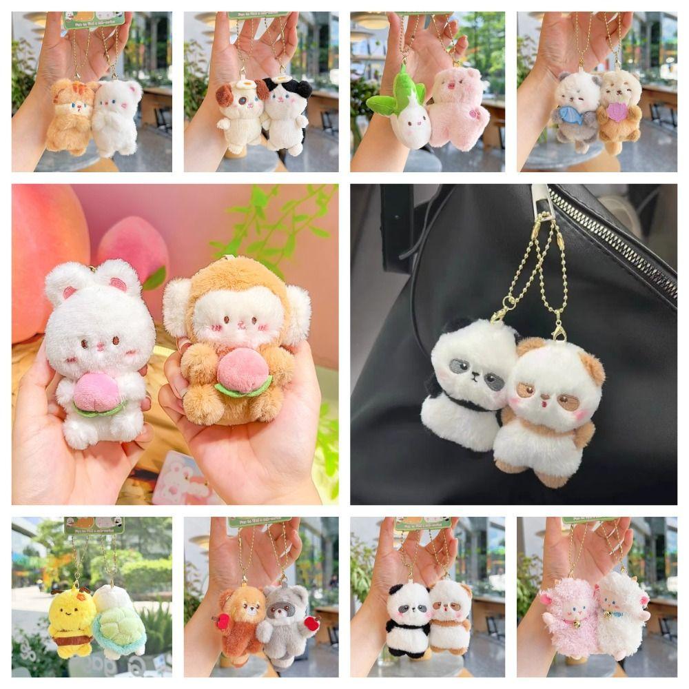 2pcs/set Magnetic Plush Animal Key Buckle Panda Cartoon Couple Pendants Fruit Bag Charm  Friends