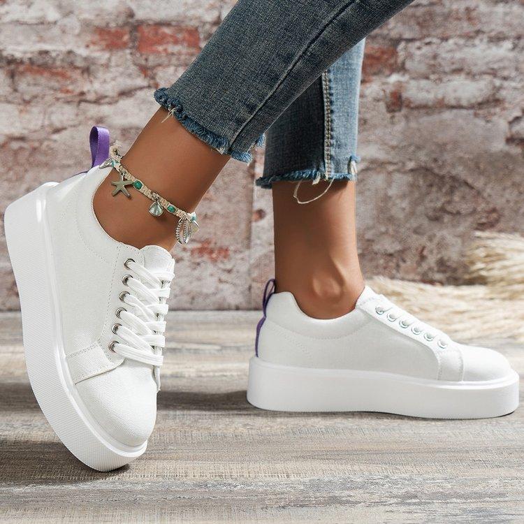2025 spring and autumn new little white shoes women's foreign trade large size solid color round head light mouth lace-up outer wear flat-soled casual