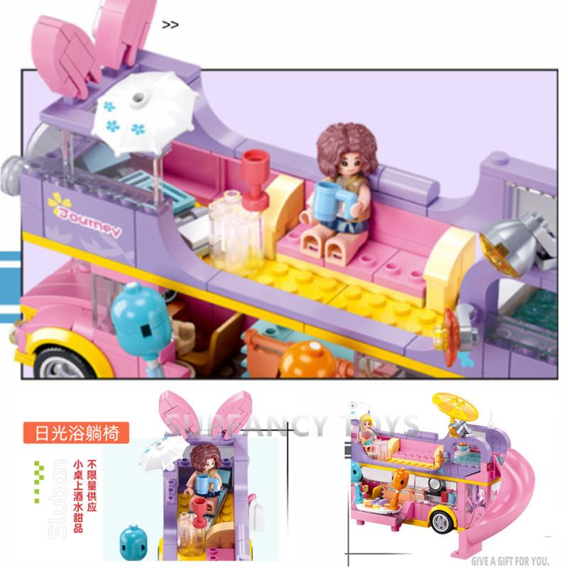 Sluban 412Pcs Construction Blocks Rabbit Bus Motor Household Blocks Happy Camping Party Model Educational Toys For Girls