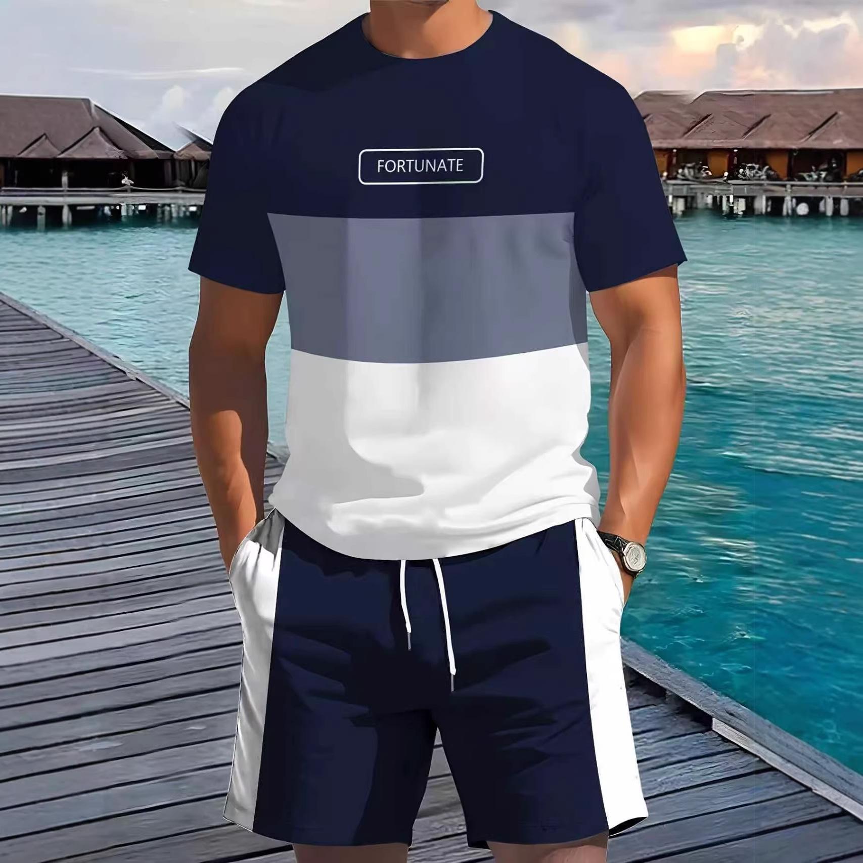 Summer Men s Striped 3D Printed Sports Suit Fashion Trend Versatile Breathable Casual S
