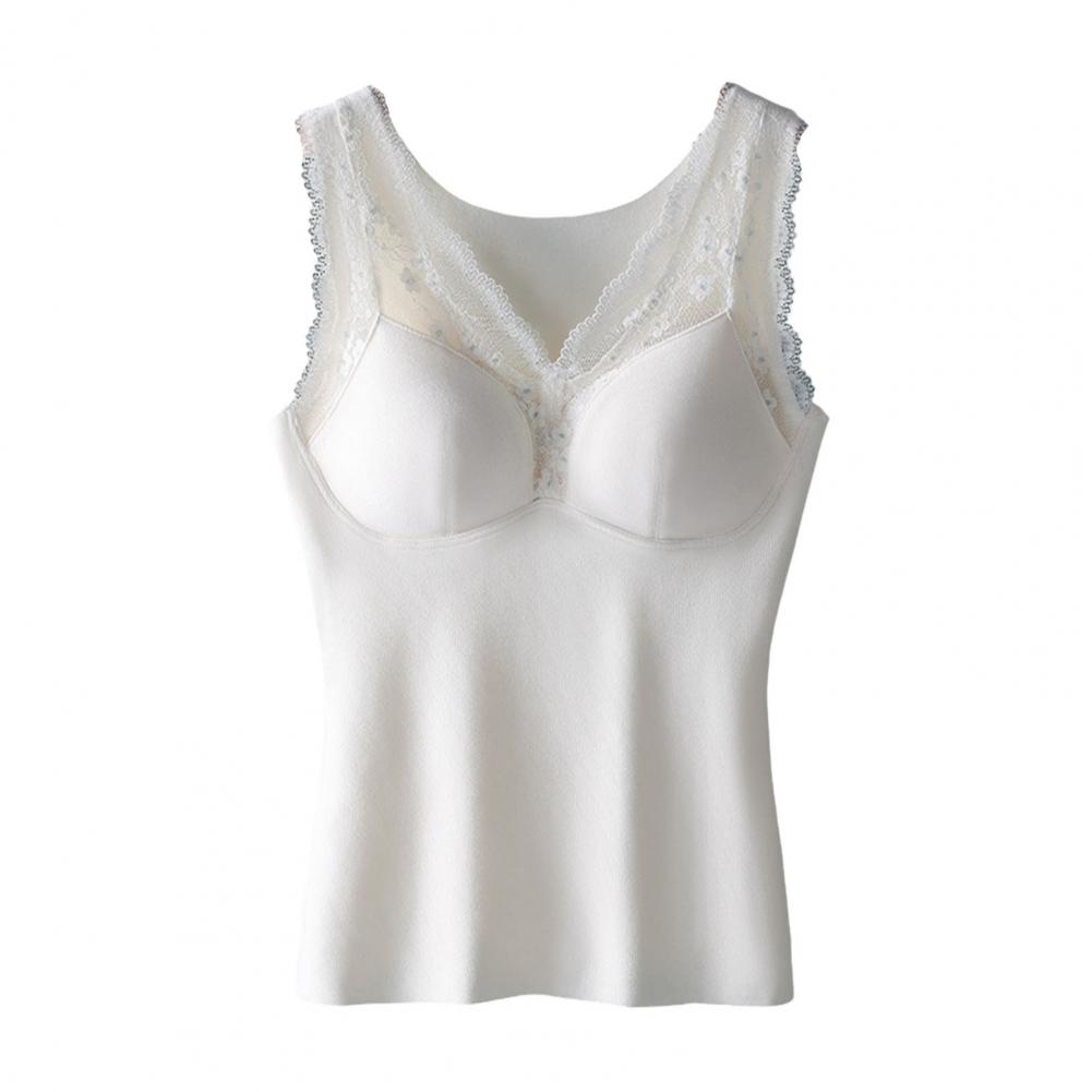 Winter Women Thermal Vest with Chest Pads Seamless Lace Fast Temperature Lock V Neck Slim Fit Elastic Sleeveless Inner Wear Bott