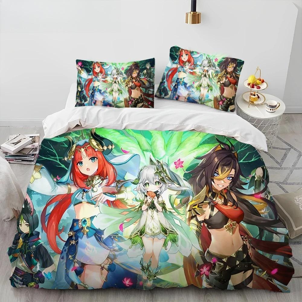 Genshin Impact Game Gamer Cartoon Comforter Bedding Set,Duvet Cover Bed Set Quilt Cover Pillowcase,king Queen Size Bedding Set