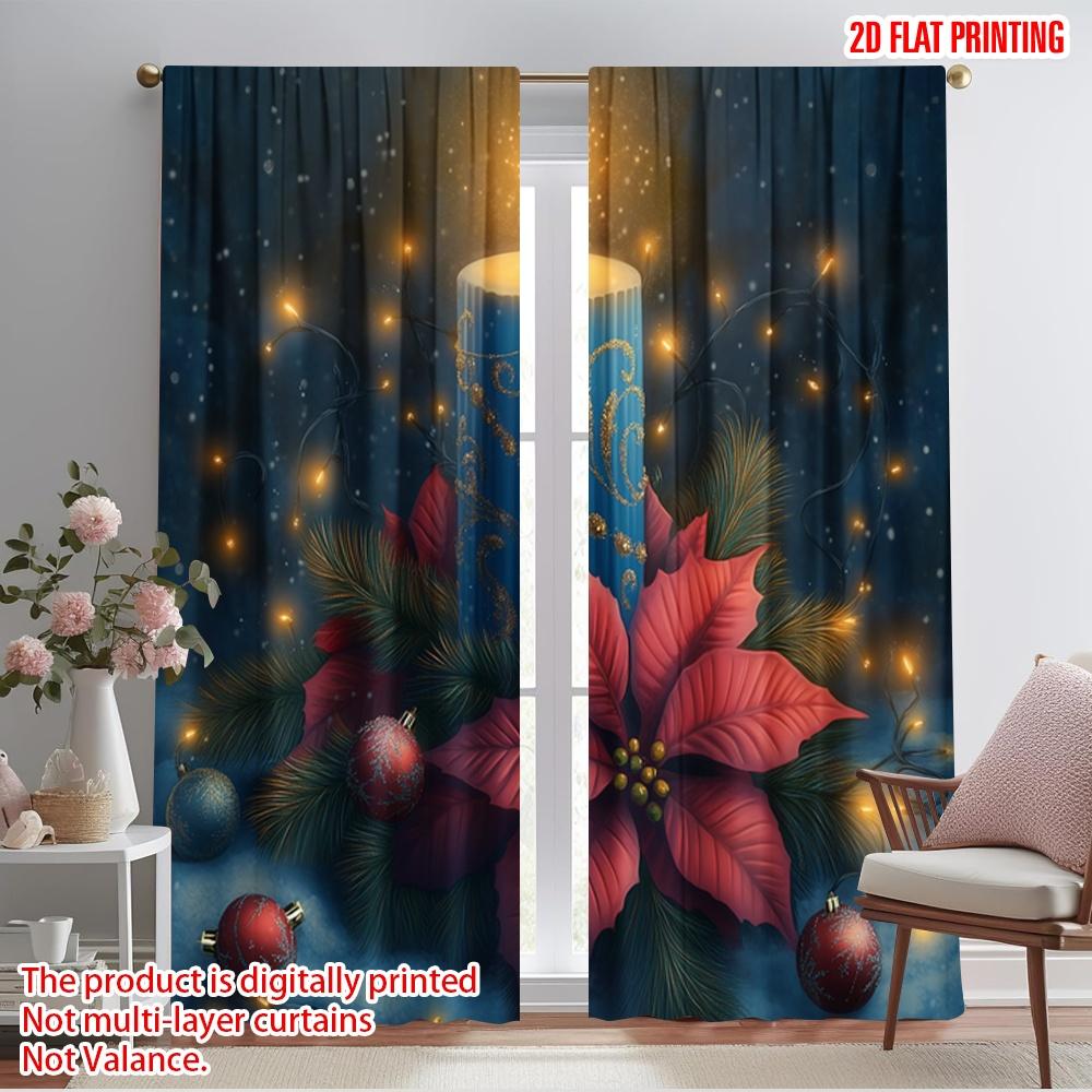 

2pcs,2D plane printing Popular Curtains Blue Candle Poinsettia Christmas Ornaments Polyester (without rod) Outdoor Decorations 52.50×116.00 CM 2pcs