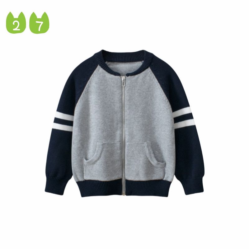 27Kids Spring and Autumn Children's Zip-Up Cardigan, Color-Blocked Knit Sweater for Young Boys, Pure Cotton Sweater Jacket