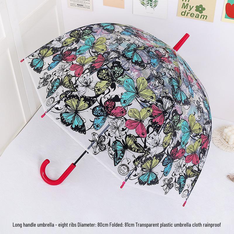 Japanese Forest Style Transparent Cherry Blossom Umbrella with Arched Long Handle for Students