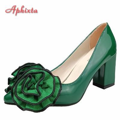 Fashion Aphixta New 7cm Square Heel Patent Leather Shoes Women Pumps Dark Green Flowers Officile Pointed Toe Plus Size 49 50
