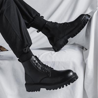 Pánské kozačky na jaro a podzim v britském stylu Retro Mid-top zvýšené černé kozačky