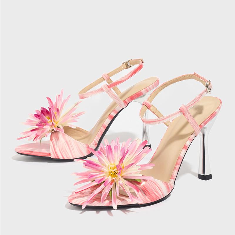 

2025 Новая Мода Цветочный Бутон Открытый Носок Дизайнерские Сандалии Женские Ремешок с Пряжкой Розовые Высокие Каблуки Туфли для Вечеринки Выпускного Вечера Женские Сандалии 43 розовый