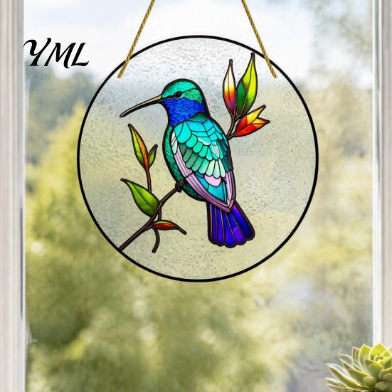 Indoor Outdoor Hanging Ornament Colorful Hummingbird Wall Decoration, Stained Acrylic Suncatcher for Window Easy Install Pendant Decor, Decorative