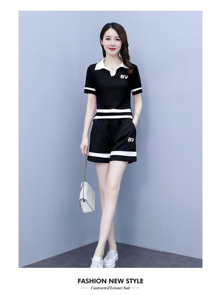 Women's 2024 Summer Stylish Korean Polo Lapel Short-Sleeve Shorts Set