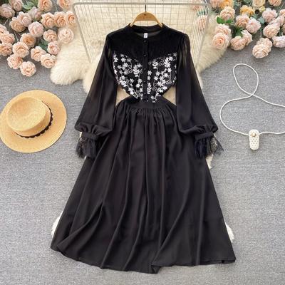 French sle Dress Women 2024 Spring New Sweet Lace Puff sleeve Slim fit Long Embroidered Chiffon Dress