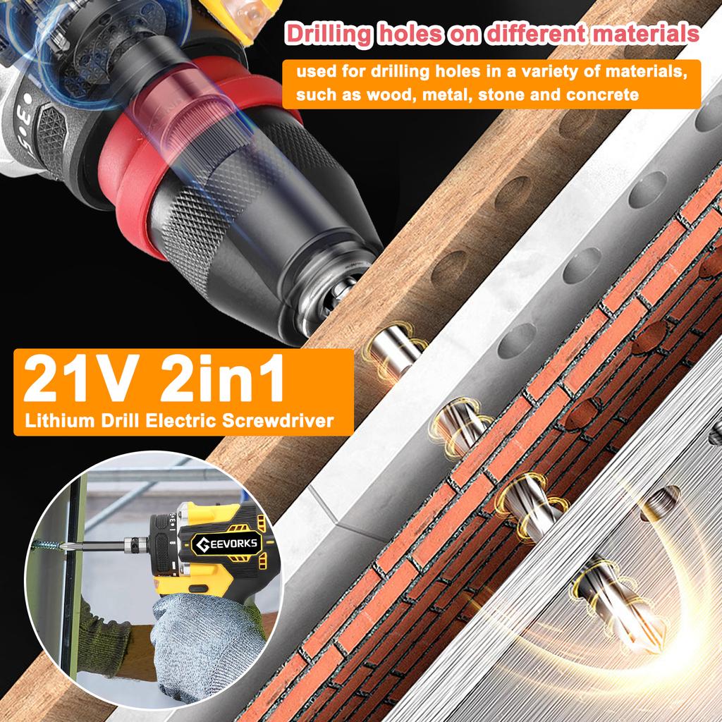 Geevorks 21 V 2-in-1-Lithium-Bohrer, elektrischer Schraubendreher, Multifunktions-Elektrowerkzeug, hohes Drehmoment