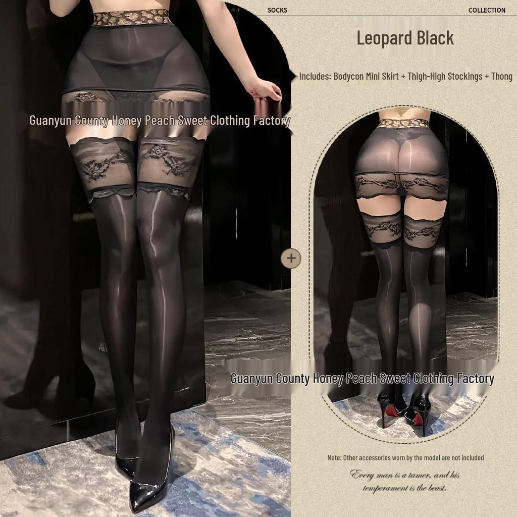 Seductive Sheer Hip-Hugging Miniskirt with Lace Trim and Over-the-Knee Black Stockings